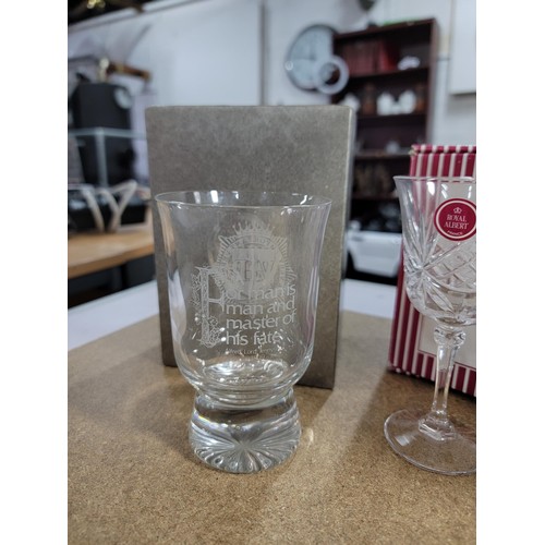 148 - Quantity of good quality named boxed glassware inc 2x Doulton international 'Sophie' crystal wine gl... 