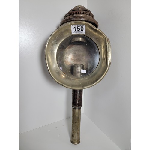 150 - Good quality antique brass coach lamp marked Simon Garron, complete with spring loaded candle holder... 