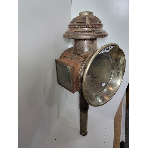 150 - Good quality antique brass coach lamp marked Simon Garron, complete with spring loaded candle holder... 