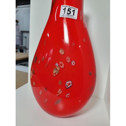 151 - A good quality vintage genuine Murano Italy art glass vase impressive red glass with a Millefiori de... 