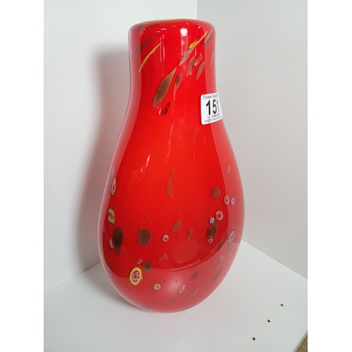 151 - A good quality vintage genuine Murano Italy art glass vase impressive red glass with a Millefiori de... 