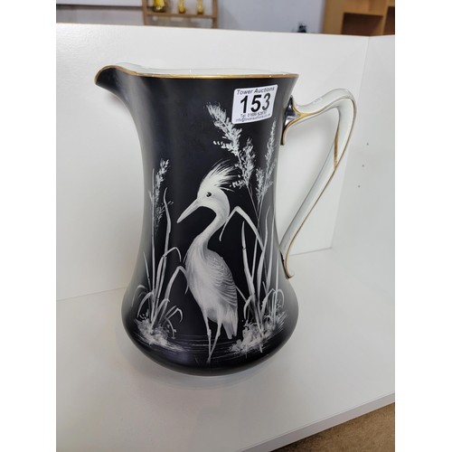 153 - Pair of large Lawleys black and white egret decorated jugs, both jugs have gilding to the handles, o... 