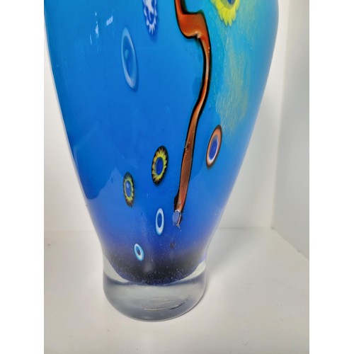 156 - A good quality vintage genuine Murano Italy art glass vase impressive blue glass with a Millefiori d... 