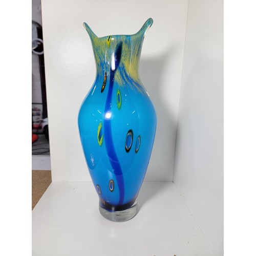 156 - A good quality vintage genuine Murano Italy art glass vase impressive blue glass with a Millefiori d... 