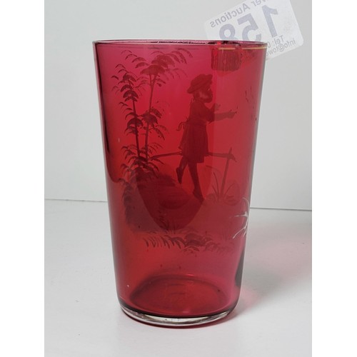 158 - Good quality antique Mary Gregory cranberry tumbler with white enamelling design of a girl chasing b... 