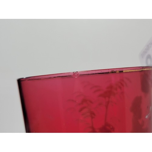 158 - Good quality antique Mary Gregory cranberry tumbler with white enamelling design of a girl chasing b... 