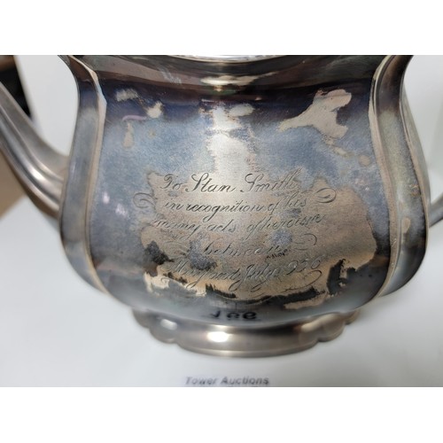 166 - Hallmarked silver teapot by Harry Atkin, Sheffield 1921, with inscription to the front for acts of h... 