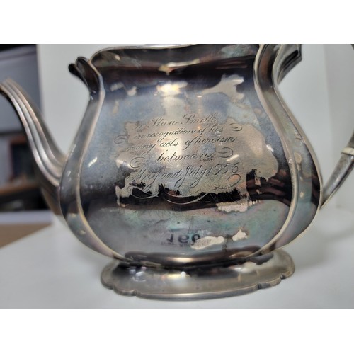 166 - Hallmarked silver teapot by Harry Atkin, Sheffield 1921, with inscription to the front for acts of h... 