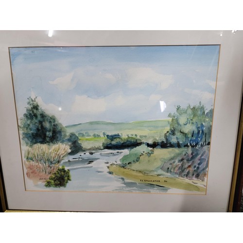 104A - 2x framed and glazed watercolours inc a Llangurig  river scene by P.E. Sylvester along with a framed... 