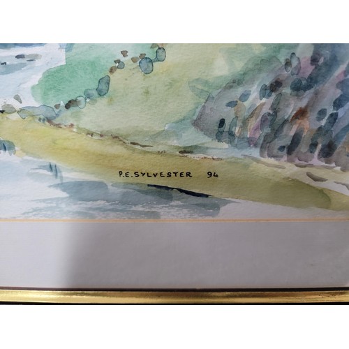 104A - 2x framed and glazed watercolours inc a Llangurig  river scene by P.E. Sylvester along with a framed... 