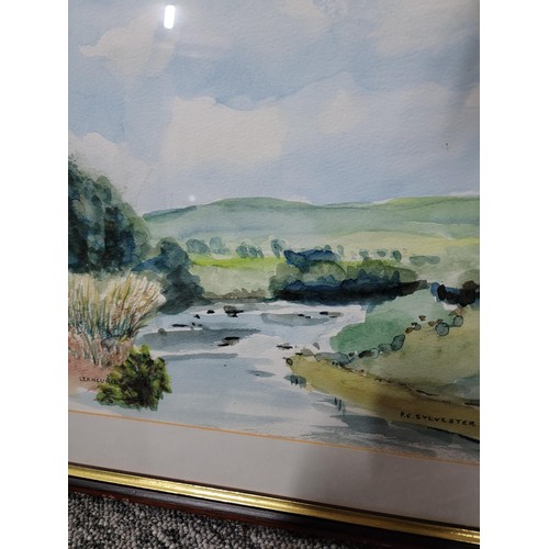 104A - 2x framed and glazed watercolours inc a Llangurig  river scene by P.E. Sylvester along with a framed... 