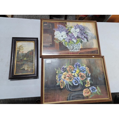 104B - 2x framed and glazed original oil on canvas laid on board under glass pictures of flowers along with... 