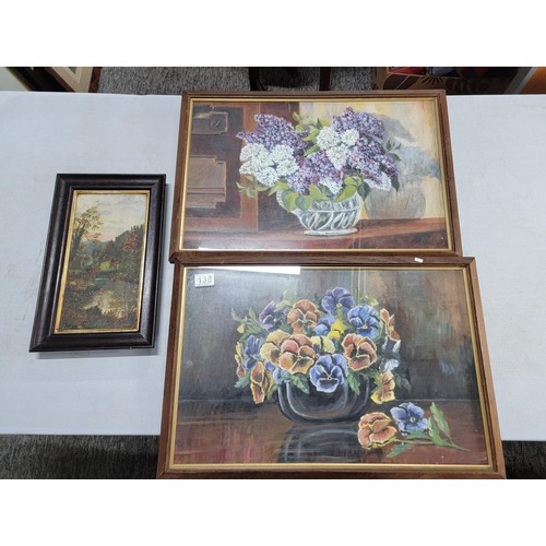 104B - 2x framed and glazed original oil on canvas laid on board under glass pictures of flowers along with... 