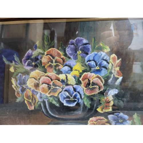 104B - 2x framed and glazed original oil on canvas laid on board under glass pictures of flowers along with... 