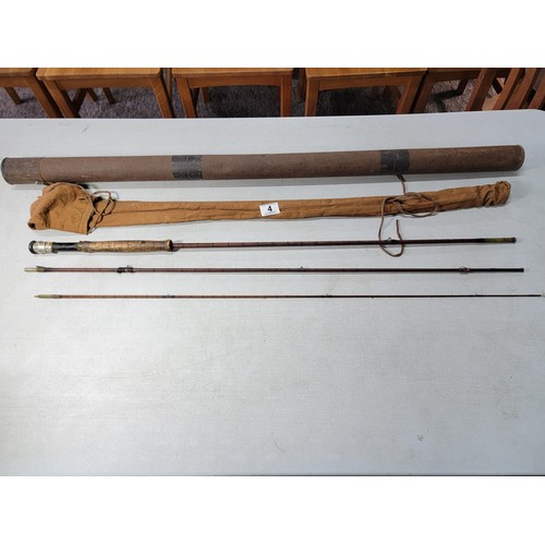 4 - Good early vintage Hardy Bros Alnwick split cane 3 piece fishing rod with a cork handle, stamp with ... 