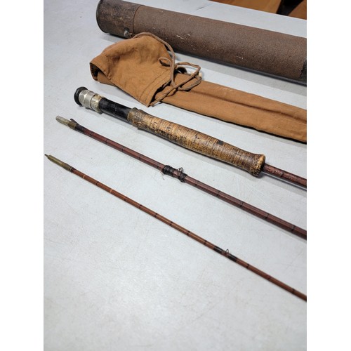 4 - Good early vintage Hardy Bros Alnwick split cane 3 piece fishing rod with a cork handle, stamp with ... 