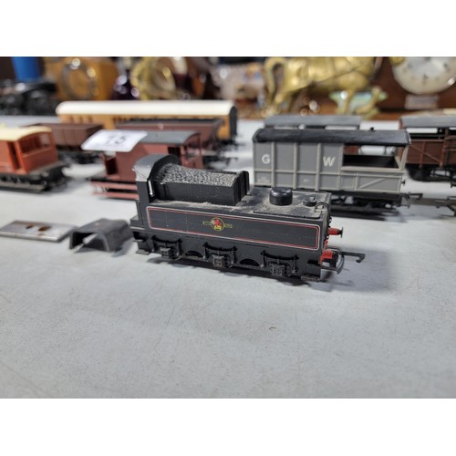 15 - Box of 00 gauge rolling stock along with a dummy locomotive with various brands inc Hornby, Tri-ang ... 