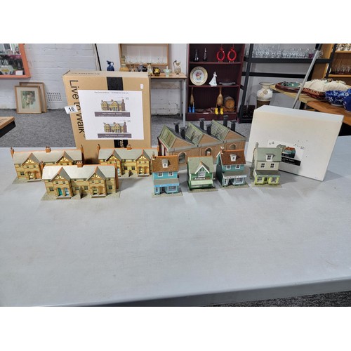 16 - Collection of 8x track side model railway cardboard buildings, some come wit their original boxes in... 