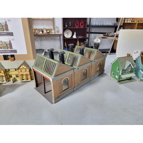 16 - Collection of 8x track side model railway cardboard buildings, some come wit their original boxes in... 