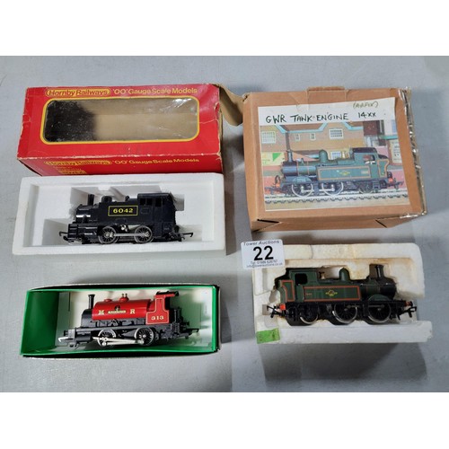 22 - 3x boxed 00 gauge locomotives to include a Airfix 54153 Green Late Crest 14xx Locomotive, boxed Horn... 