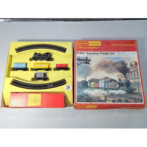 29 - Boxed Hornby train set R503 Suburban Freight set containing electric loco, 3x wagons, guards van and... 