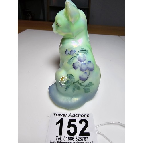 152 - Rare Fenton cat figure, Iridized, sea foam green with beautiful hand painted design of a butterfly a... 