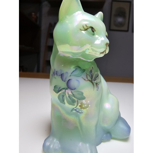 152 - Rare Fenton cat figure, Iridized, sea foam green with beautiful hand painted design of a butterfly a... 