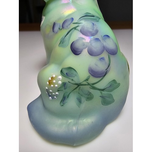 152 - Rare Fenton cat figure, Iridized, sea foam green with beautiful hand painted design of a butterfly a... 