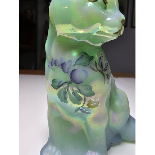 152 - Rare Fenton cat figure, Iridized, sea foam green with beautiful hand painted design of a butterfly a... 