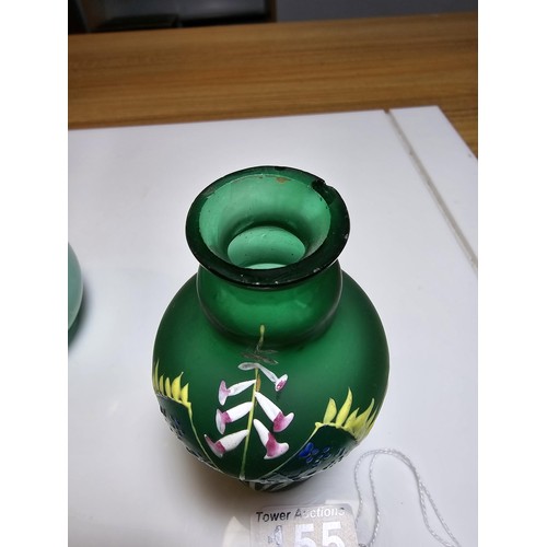 155 - Fine quality green hand painted art glass bottle vase along with a hand painted opaque glass jug. Th... 