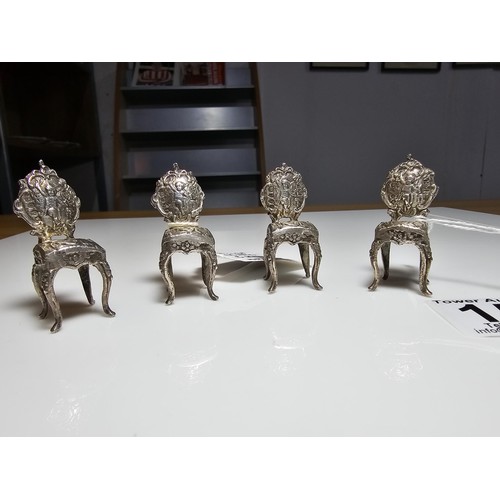 159 - Set of 4x Fine hallmarked silver miniature decorative chairs by Renowned SilverSmith Berthold Muller... 