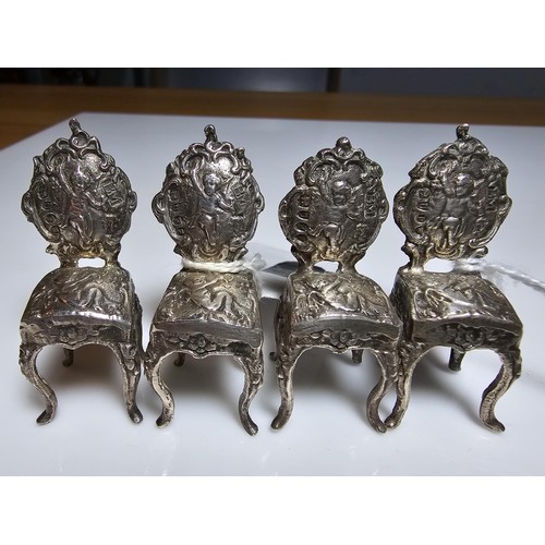 159 - Set of 4x Fine hallmarked silver miniature decorative chairs by Renowned SilverSmith Berthold Muller... 