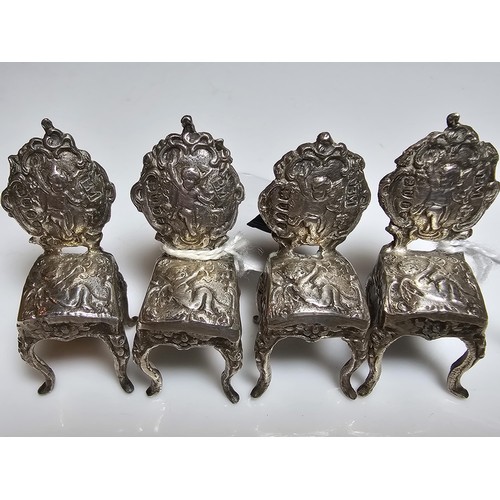 159 - Set of 4x Fine hallmarked silver miniature decorative chairs by Renowned SilverSmith Berthold Muller... 