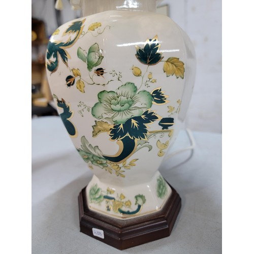 291 - A large Masons ceramic Chartreuse Lamp with gilding to the edges, standing on a wooden plinth and co... 