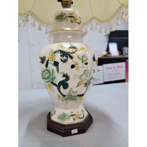 291 - A large Masons ceramic Chartreuse Lamp with gilding to the edges, standing on a wooden plinth and co... 