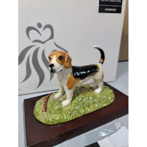 292 - A boxed Royal Doulton Beagle figure RDA 11, hand decorated figurine, standing on a wooden plinth, ha... 