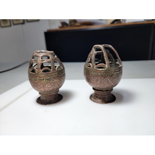 296 - A pair of antique bronze handmade Kashmiri Mughal style kangris in a very well detailed with scroll ... 