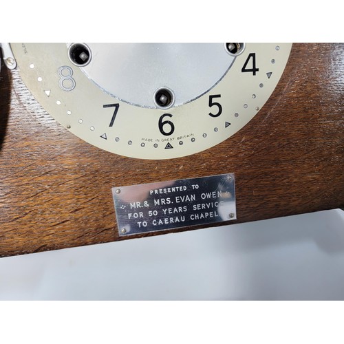 299 - A Smiths oak mantel clock with Westminster chiming and escapement movement, a lovely clean example w... 