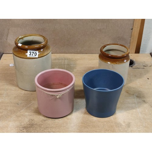 370 - A collection of 4 pots including 2 earthenware pots and 2 modern plant pots. Tallest earthenware pot... 