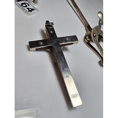 164 - Large wood and metal crucifix pendant marked Italy along with 2x sheet music clips, 1x by Yamaha. He... 