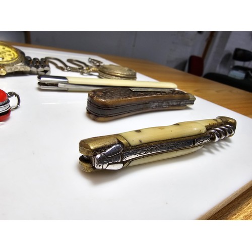 165 - Collection of 7x vintage pen knifes along with 2x watches and a stopper to include a good quality La... 