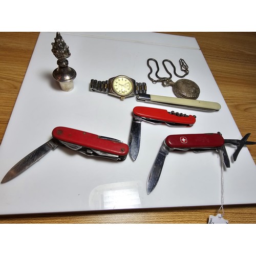 165 - Collection of 7x vintage pen knifes along with 2x watches and a stopper to include a good quality La... 