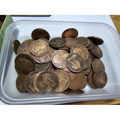 168 - 2x tubs full of vintage and antique British coins to include a large quantity of copper pennies with... 