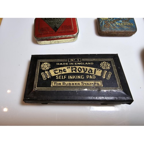 172 - Quantity of vintage tins including the Royal Self inking pad, 2x songster gramophone needle tins (1x... 