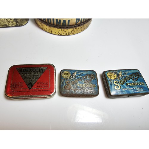 172 - Quantity of vintage tins including the Royal Self inking pad, 2x songster gramophone needle tins (1x... 