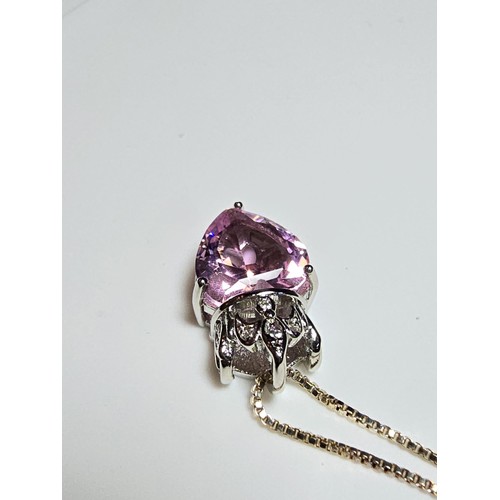 174 - Pretty 925 Silver pendant inset with a heart shaped pink CZ crystal stone on a 18 inch 925 Silver ch... 