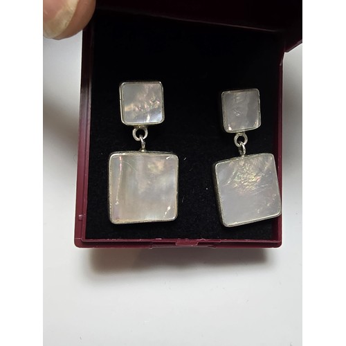 180 - Pair of stunning 925 Silver drop earrings inset with large square panels of Mother of Pearl having g... 