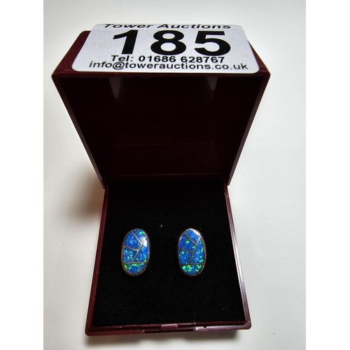 185 - Pair of stunning 925 Silver Opal Earrings inset with blue Opal have an excellent green flashing colo... 