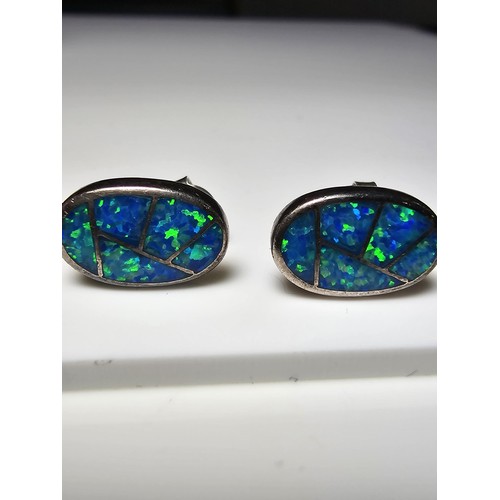 185 - Pair of stunning 925 Silver Opal Earrings inset with blue Opal have an excellent green flashing colo... 