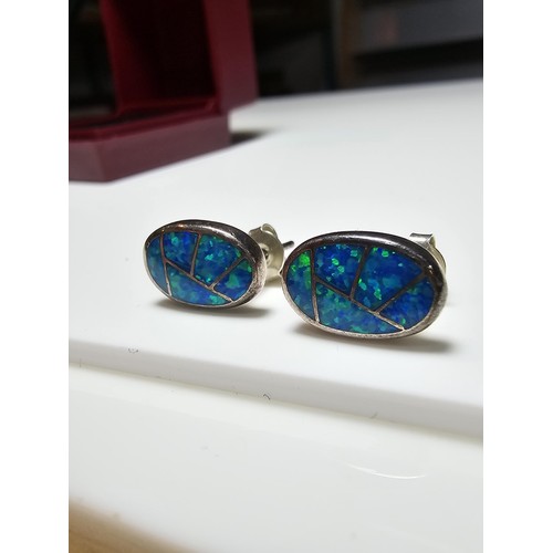 185 - Pair of stunning 925 Silver Opal Earrings inset with blue Opal have an excellent green flashing colo... 